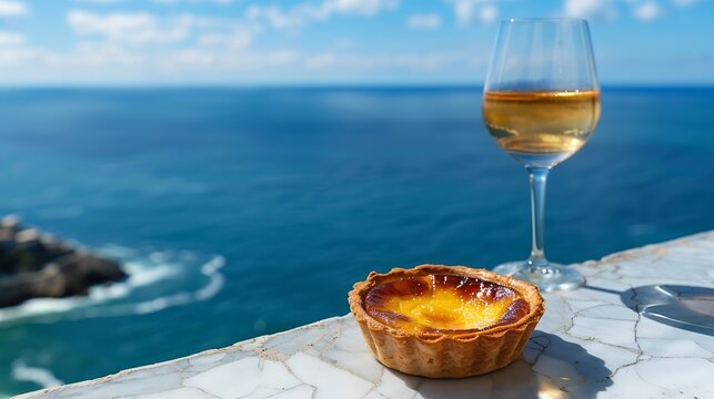 Portugals traditional food and drink glass of porto wine and muscatel de setubal sweet dessert Pastel de nata egg custard tart pastry served with view on blue Atlantic ocean near Sintr : Generative AI