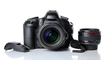 Fototapeta premium Modern DSLR camera with accessories on white background