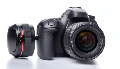 Modern DSLR camera with accessories on white background