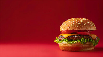 A gourmet cheeseburger on a red background.


