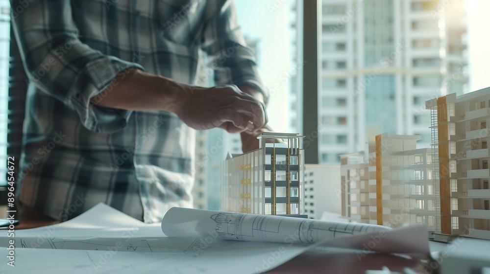 Poster Engineer or architect teamwork working on construction project with building model and blueprint in office Construction concept : Generative AI