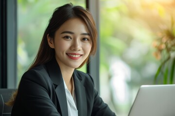 Asian businesswoman in formal suit working cheerfully on laptop in office attractive and happy