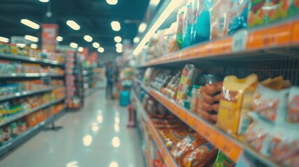 Naklejka premium Perspective view Abstract concept blurred background Customer shopping consumer good on shelves between corridor with clear light in convenience supermarket and minimart : Generative AI