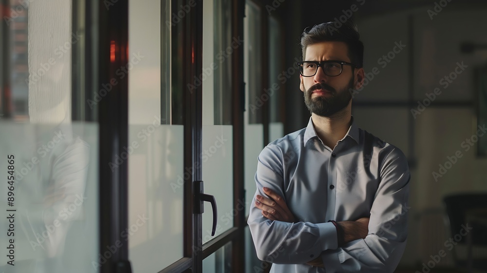 Poster business man and confident for portrait in office with ideas planning and information of startup com