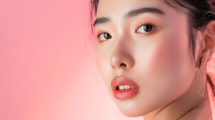 Closeup portrait of young Asian beautiful woman with Kbeauty make up style and healthy and perfect skin isolated on pink background for skincare commercial product advertising : Generative AI