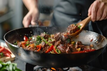 Asian dish cooked in a wok pan beef and vegetables fried with soy sauce by a skilled chef on a grey background for menu or recipe design