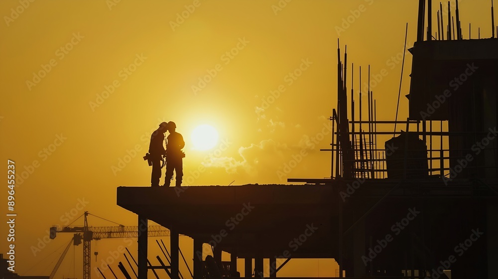 Poster silhouette of engineer and worker on building site construction site at sunset in evening time : gen
