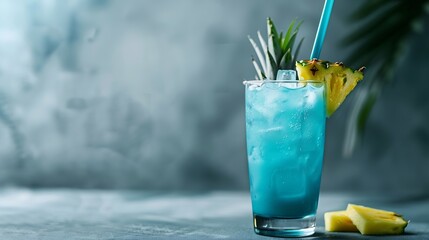 Boozy Blue Hawaii Cocktail with Rum and Pineapple on gray background : Generative AI