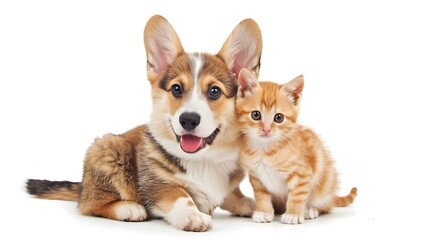 Obraz premium Cute Welsh corgi puppy and a red kitten sit together on a white background isolated on a white background : Generative AI