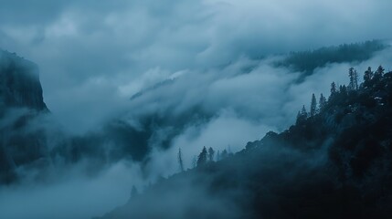 Clouds Rolling into the Valley at Dusk Yosemite National Park California : Generative AI