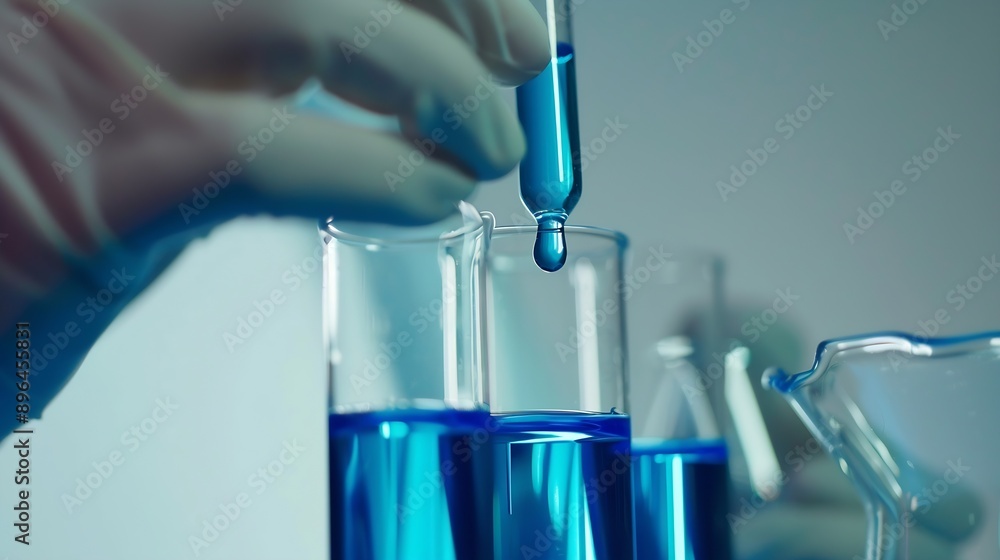 Leinwandbilder closeup hands dropping fluid from dropper flask beaker into blue test tube sample laboratory for com