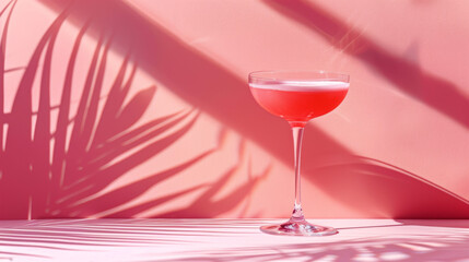 A pink cocktail in a coupe glass with tropical palm shadows on a pastel pink background, creating a sophisticated and exotic ambiance.

