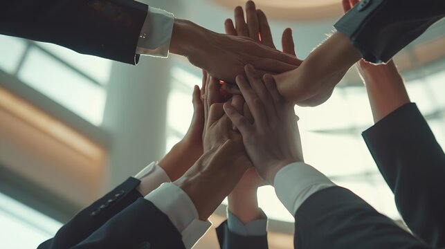 Hands stack and group of business people in office for team building motivation and solidarity Attorney lawyer or advocate in low angle for staff with support in corporate law firm for : Generative AI