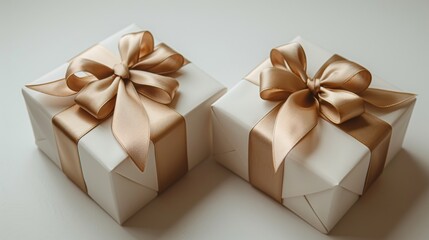 Two elegant gift boxes with gold ribbons on white background