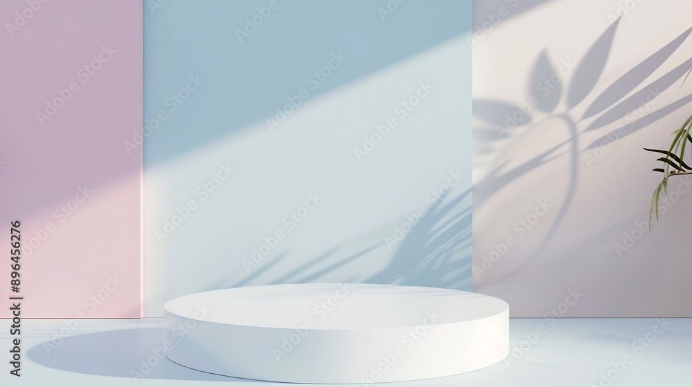 Aufkleber Abstract empty white podium on pastel background with shadow Mock up stand for product presentation 3D Render Minimal concept Display product Banner : Generative AI