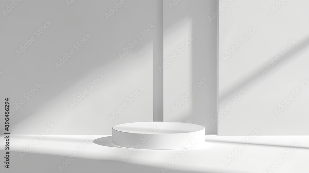 Aufkleber Abstract empty white podium on white background with shadow Mock up stand for product presentation 3D Render Minimal concept Display product Banner : Generative AI