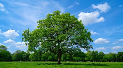 Obraz premium Park and outdoor concept Spring landscape big tree on green grass meadow New young green leaves on twig in in the park under blue sky Nature greenery background Amstelpark Amsterdam Ne : Generative AI