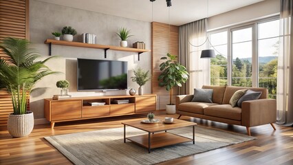 Fototapeta premium Cozy living room with a plush sofa, modern TV on a wooden TV stand, and minimal decor, vacant but evoking a sense of relaxation.