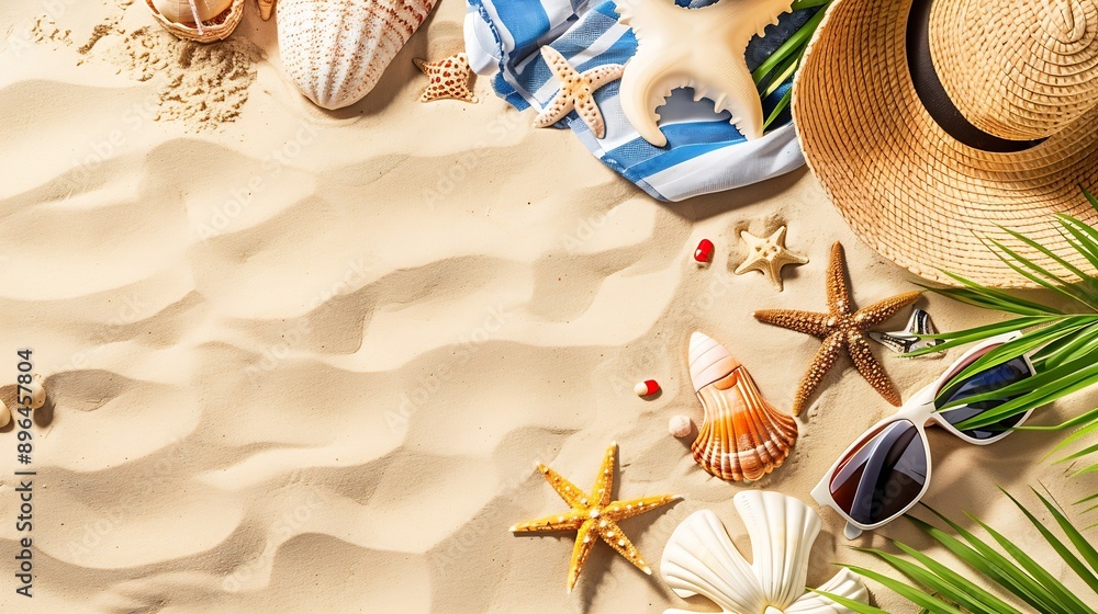 Poster top view of summer items on sand at the beach summer holiday and relaxiation concept copy space flat