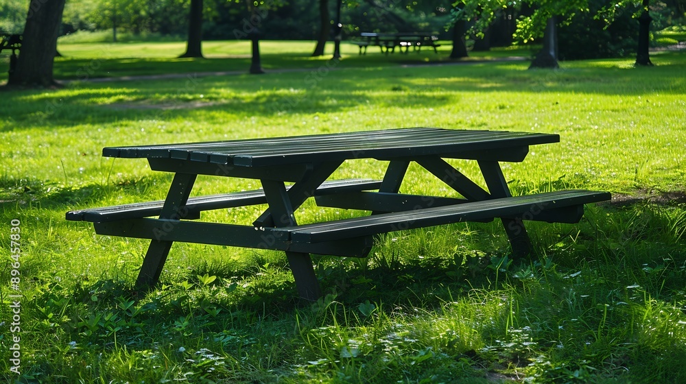 Poster park picnic table bench rest relax outdoors benches and tables on green grass in recreational area :