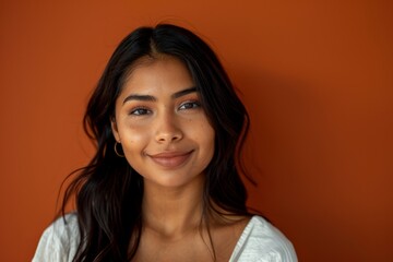 Beautiful ethnic naked young woman with healthy skin isolated on orange brown studio background looks satisfied with good skincare routine