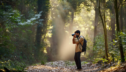 Photographer in a forest capturing wildlife; copy space