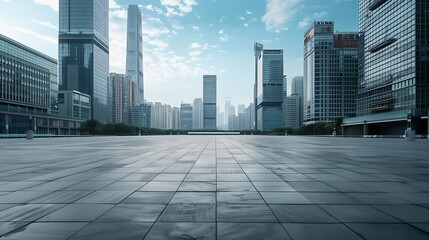 Fototapeta premium Empty square floor with modern city buildings scenery in Guangzhou Road and buildings background : Generative AI