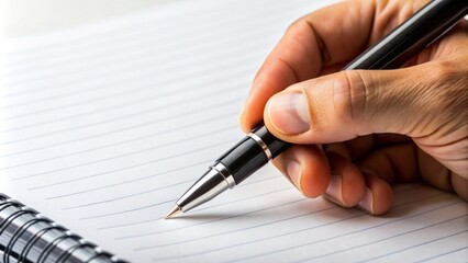 Close-up of a hand holding a black pen writing on lined paper against a pure white background, capturing the moment of creativity and writing flow.
