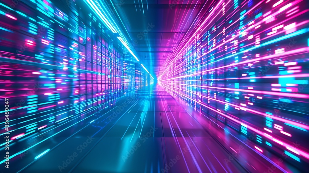 Poster warp tunnel to a digital future with colored light shining along a beams : generative ai