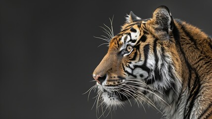 Naklejka premium Profile portrait of Bengal tiger Panthera tigris tigris isolated on grayblack background : Generative AI