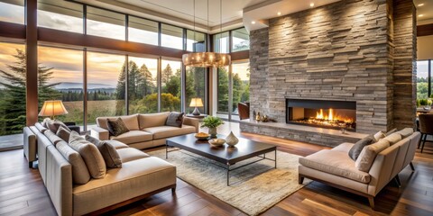 Elegant modern living room features a stunning stone wall, cozy fireplace, sleek furniture, and large windows, creating a luxurious and inviting atmosphere in spacious home.