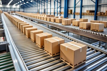 Cardboard boxes of various sizes advance along a fast-paced conveyor belt in a modern warehouse, symbolizing efficient packaging, storage, and distribution of commercial orders.