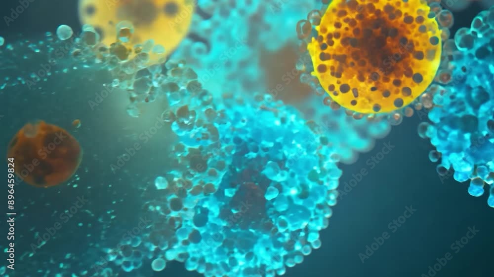 Poster a close-up view of a cell with a vibrant orange and yellow nucleus surrounded by smaller blue sphere