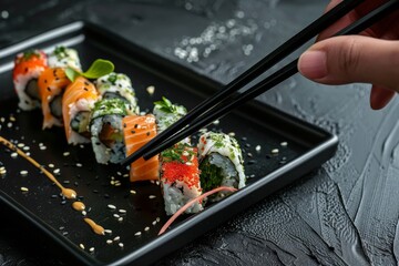 Black chopsticks grasp a custom sushi roll containing cuttlefish ink salmon cream cheese pepper pumpkin eel and edible gold leaf served on a square plate atop a b