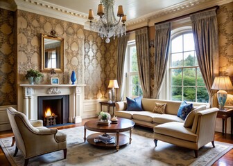 Fototapeta premium Elegant living room features rich toffee damask walls, stunning white marble fireplace, expansive bay window with ornate drapes, and sophisticated blue accents.