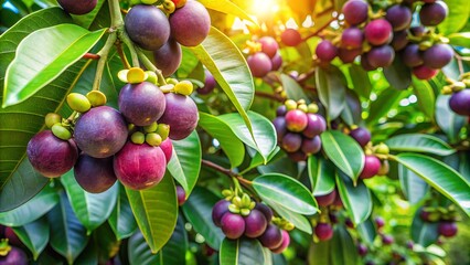 Vibrant mangosteen tree branch overloaded with ripe purple fruits and lush green leaves, set against a wide-angle, soft-focus, banner-style background of serene agriculture and nature.