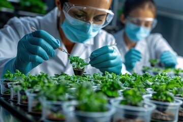 Two scientists, clad in lab coats and masks, focus on plant samples in a laboratory, conducting intricate botanical experiments and scientific research.