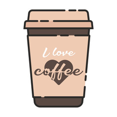 Vector icon of a paper coffee cup in a linear style with the inscription I love coffee