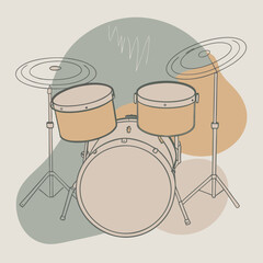 Drum kit is a musical instrument. Color vector illustration in flat line style