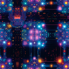 Fototapeta premium Digital futuristic mandala template, featuring hi-tech and cyber elements, circuit boards and neon lights, in a sleek and modern style with neon green, blue and purple (tile)