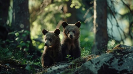 Obraz premium Two young brown bear cub in the forest Portrait of brown bear animal in the nature habitat Wildlife scene from Europe Cub of brown bear without mother : Generative AI