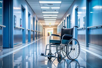 A vacant hospital corridor with a abandoned wheelchair and a medical cart in the foreground, emphasizes the sacrifices of healthcare workers.