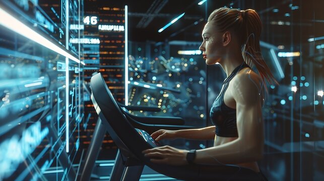 Image of data processing over caucasian woman on treadmill exercising in gym Global sports science computing digital interface and data processing concept digitally generated image : Generative AI