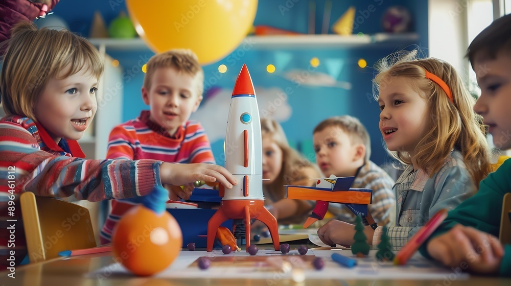 Aufkleber elementary school students sitting behind a table in a group building a space rocket model for a sci