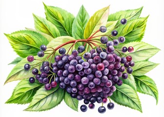 Vibrant watercolor illustration of fresh elderberry clusters, delicate purple berries bursting with juicy sweetness, surrounded by lush green leaves and subtle stems.