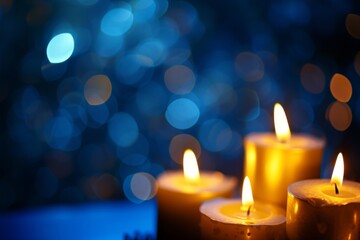 Burning candles on a dark blue background with golden bokeh for a solemn event