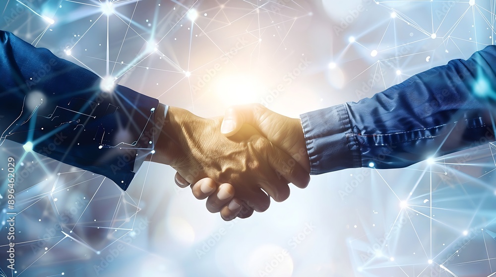 Poster handshake of two businessmen who enters into the contract to develop a new software to improve busin