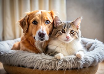 Adorable cat and dog snuggle up together on a plush pet bed, showcasing a heartwarming friendship and companionship between two unlikely furry friends.