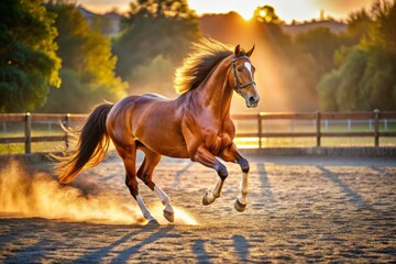 Serene open arena with a majestic horse in full gallop, reins lying loose, focused on its training, with a subtle hint of morning sunlight.