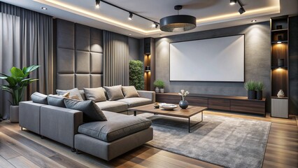Modern living room with sleek gray walls featuring a large retractable screen for home cinema projection, surrounded by comfortable couch and floor lamps.